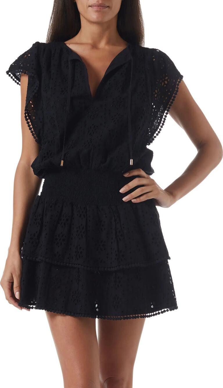 MELISSA ODABASH Keri Eyelet Mini Dress Black Summer Cover Up Beachwear Women's M